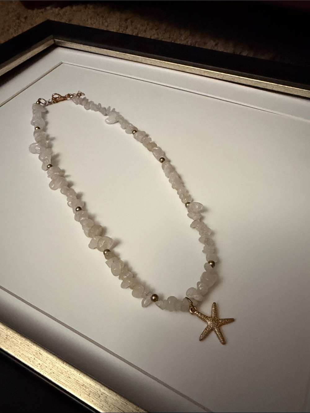 Gold Starfish Necklace with White Chip Beads